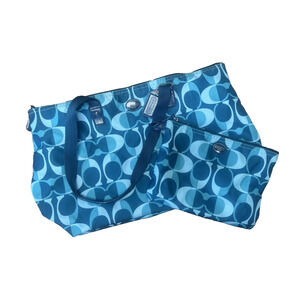COACH Getaway Travel Weekender Tote + Cosmetic Nylon Bag Blue Logo